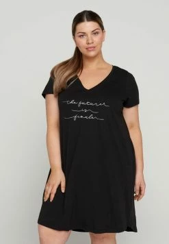 Zizzi Chemise De Nuit / Nuisette - Black W. Silver Foil