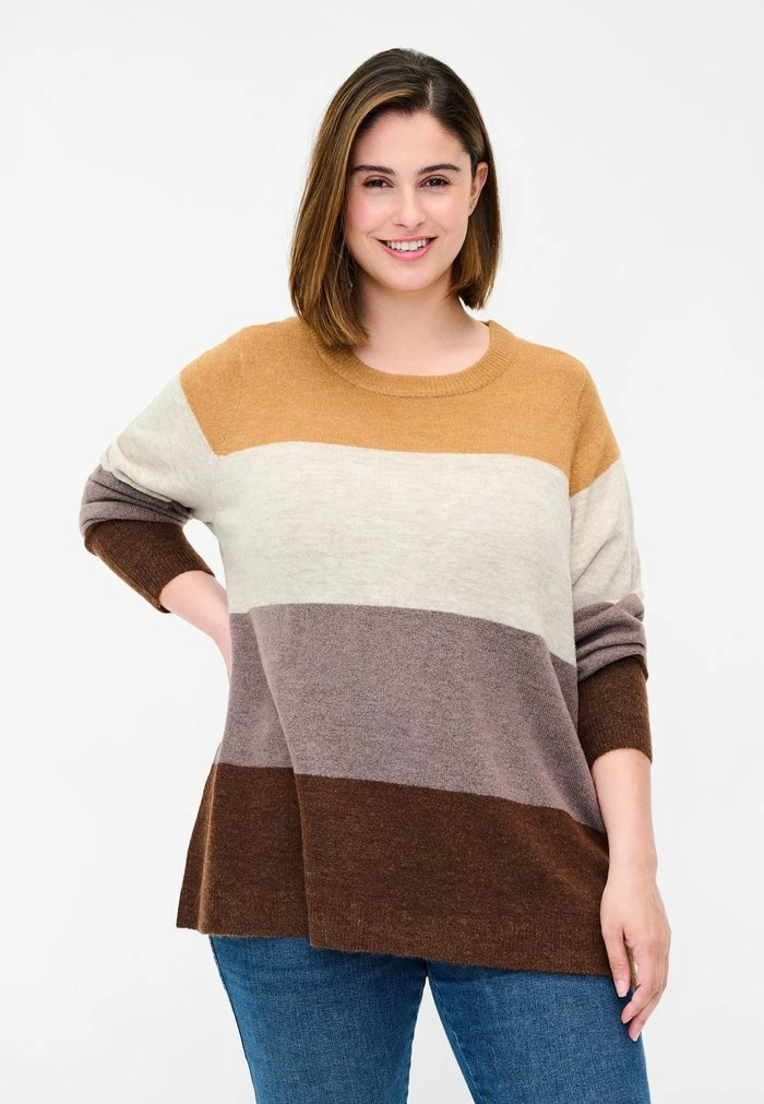 Zizzi GESTREIFTE MIT RIPPBÜNDCHEN - Pullover - Rocky Road Comb 1 Zizzi GESTREIFTE MIT RIPPBÜNDCHEN - Pullover - Rocky Road Comb