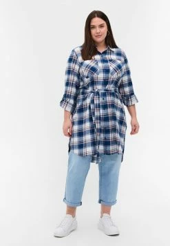 Zizzi WITH TIE DETAIL - Robe Chemise - Blue White Check