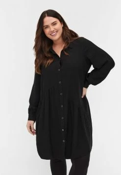 Zizzi EINFARBIGES HEMDKLEID MIT A-LINIE - Robe De Jour - Black