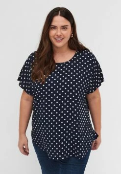 Zizzi WITH SHORT SLEEVES - Blouse - Navy Bla W White Dot