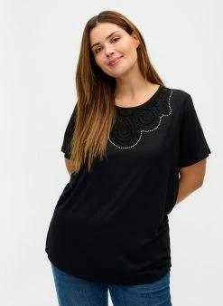 Zizzi WITH LACE DETAILS - T-shirt Imprimé - Black