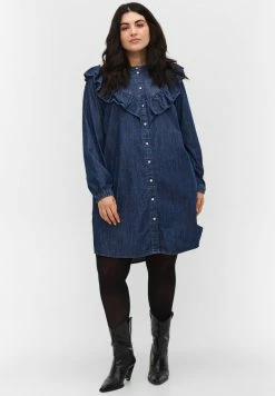 Zizzi RUFFLED DENIM BUTTONS - Robe En Jean - Dark Blue Denim
