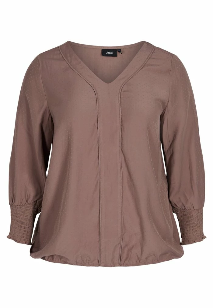 Zizzi MED V-UDSKÆRING OG SMOCK - Blouse - Deep Taupe 1 Zizzi MED V-UDSKÆRING OG SMOCK - Blouse - Deep Taupe