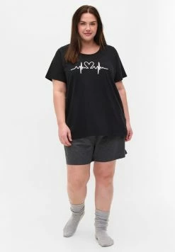 Zizzi SCHLAF MIT KURZEN ÄRMELN UND PRINT - Haut De Pyjama - Black Heartbeat